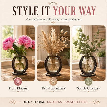 Hand-Welded Steel Horseshoe Mason Jar Vase Holder, Rustic Western Farmhouse Decor