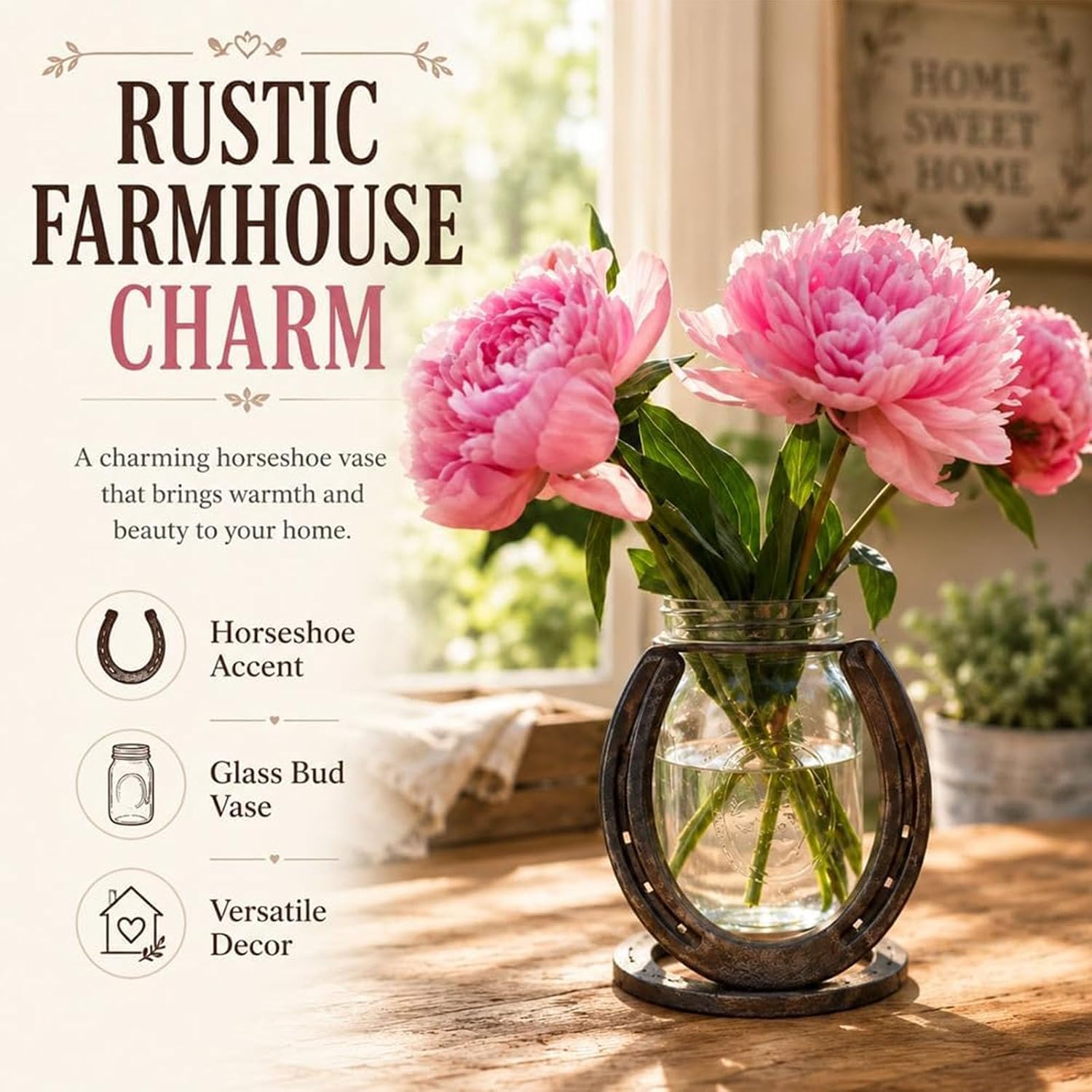 Hand-Welded Steel Horseshoe Mason Jar Vase Holder, Rustic Western Farmhouse Decor