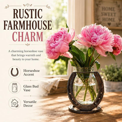 Hand-Welded Steel Horseshoe Mason Jar Vase Holder, Rustic Western Farmhouse Decor