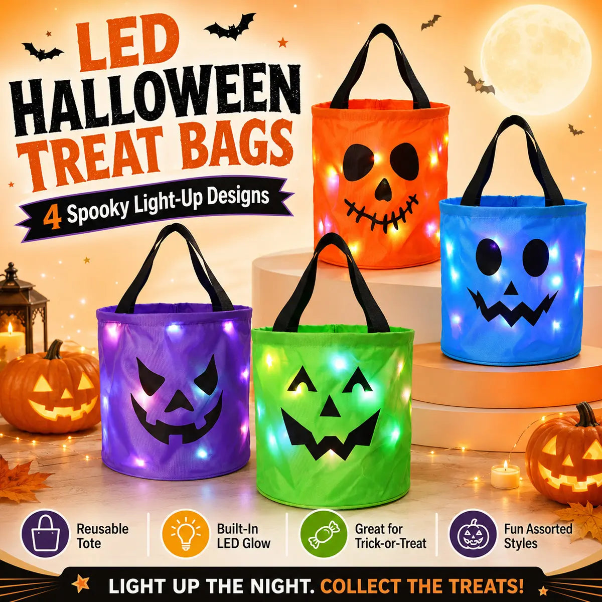 🎃 Halloween Candy Bucket with LED Lights Non Woven Gift Bags Trick or Treat Bags Pumpkin Candy Bags Reusable Tote Bags 👻