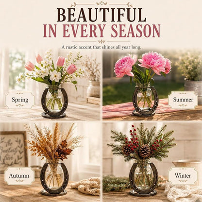 Hand-Welded Steel Horseshoe Mason Jar Vase Holder, Rustic Western Farmhouse Decor