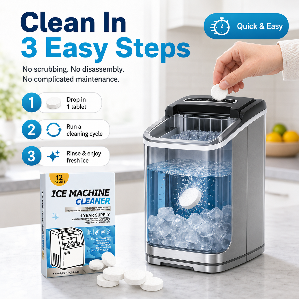 Ice Machine Cleaner Tablets – 12 Pack, Descaler & Deodorizer, Stainless Steel Safe