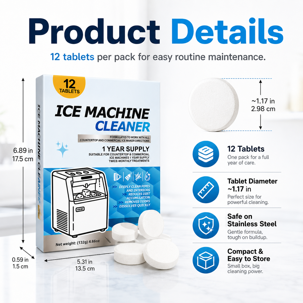 Ice Machine Cleaner Tablets – 12 Pack, Descaler & Deodorizer, Stainless Steel Safe