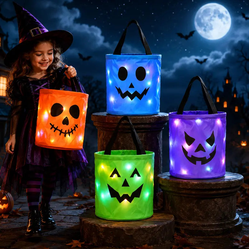 🎃 Halloween Candy Bucket with LED Lights Non Woven Gift Bags Trick or Treat Bags Pumpkin Candy Bags Reusable Tote Bags 👻