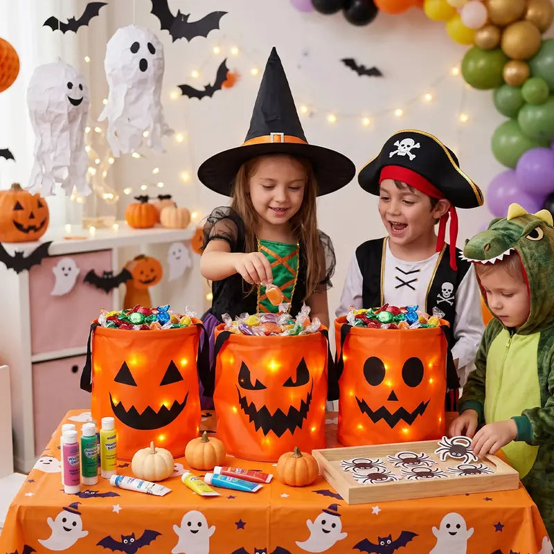 🎃 Halloween Candy Bucket with LED Lights Non Woven Gift Bags Trick or Treat Bags Pumpkin Candy Bags Reusable Tote Bags 👻