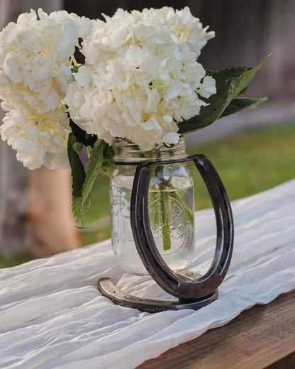 Hand-Welded Steel Horseshoe Mason Jar Vase Holder, Rustic Western Farmhouse Decor