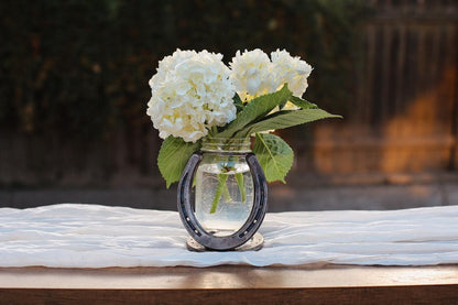 Hand-Welded Steel Horseshoe Mason Jar Vase Holder, Rustic Western Farmhouse Decor
