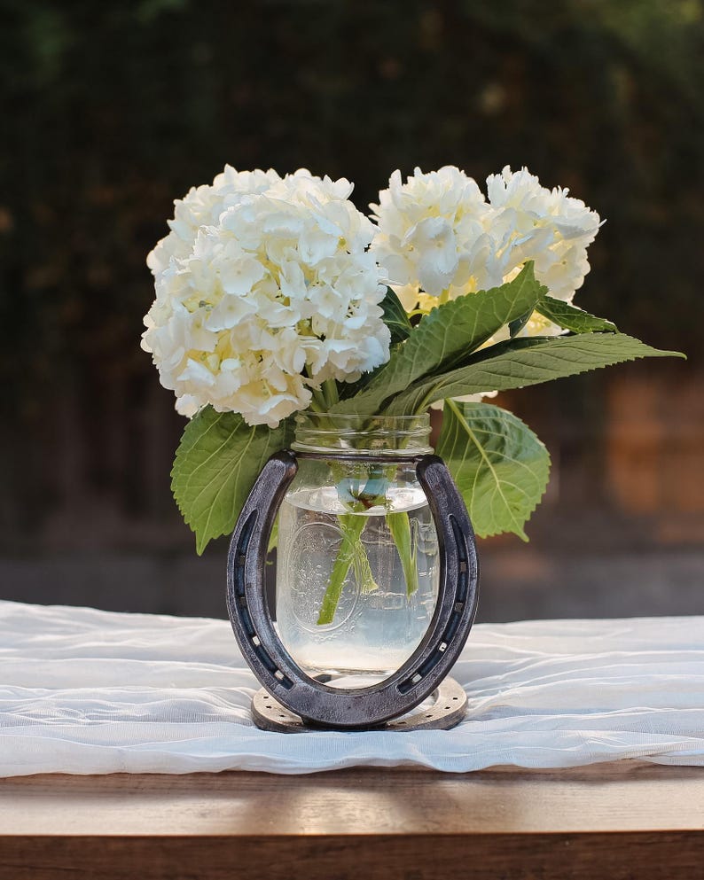 Hand-Welded Steel Horseshoe Mason Jar Vase Holder, Rustic Western Farmhouse Decor
